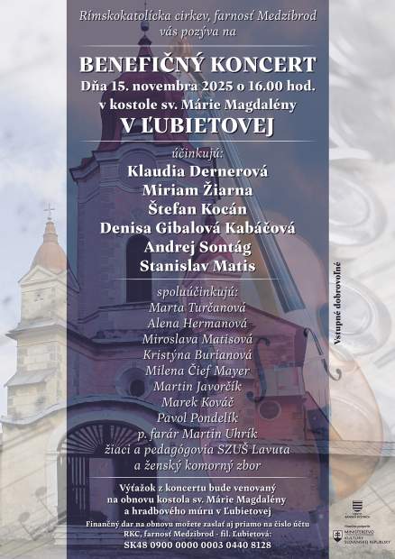 Pozvánka na Benefičný koncert na podporu obnovy NKP kostola sv. Márie Magdalény a hradbového múru v Ľubietovej
