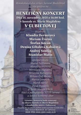 Pozvánka na Benefičný koncert na podporu obnovy NKP kostola sv. Márie Magdalény a hradbového múru v Ľubietovej